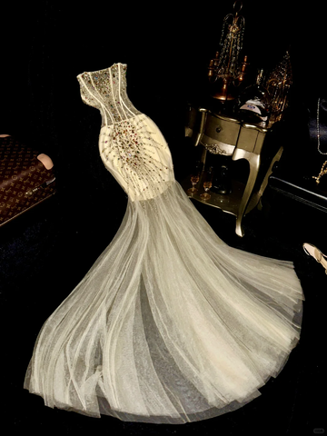 Shiny Mermaid Sweetheart Neck Corset Beaded Sequin Tulle Long Prom Dress Party Dress HZ1023